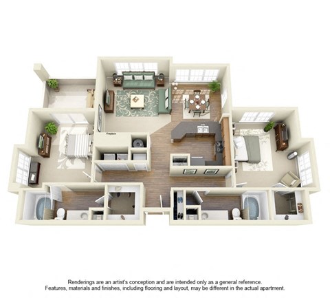 Floor plan for 2 beds, 2 baths, 1360 sqft